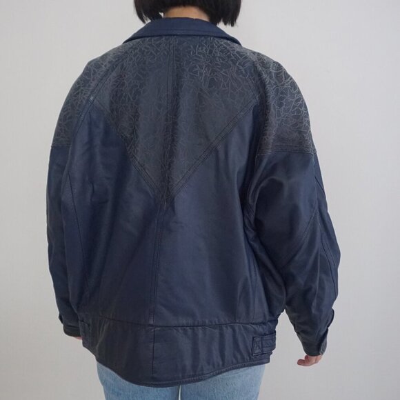 Vintage Roxy Collection Blue 100% Leather Zip Up Bomber Jacket 8 - Picture 3 of 16